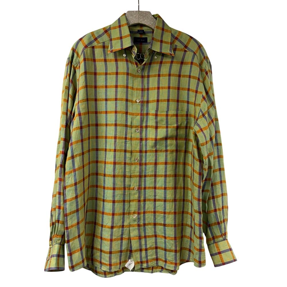 Jeff Rose Long Sleeve Button Down Shirt Green Plaid 100% Linen